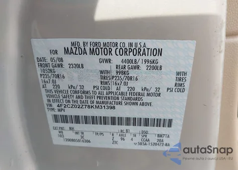 2008 Mazda Tribute I Touring from USA, damaged, VIN 4F2CZ02Z78KM31398